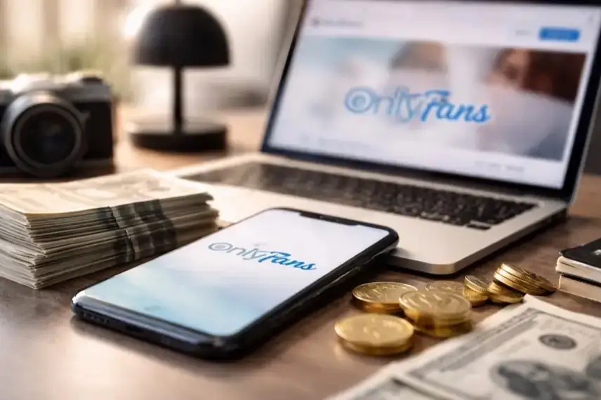 Laptop und Smartphone auf Schreibtisch mit Geldscheinen und Münzen als Symbol für digitale Plattform, Creator-Economy und Online-Abonnement-Geschäft