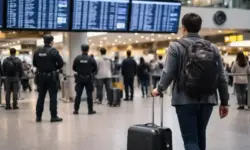 Internationaler Flughafen mit Passagieren und Sicherheitskontrolle, Anzeigetafeln im Hintergrund, Symbol für weltweite Sicherheitswarnung und Iran-Konflikt
