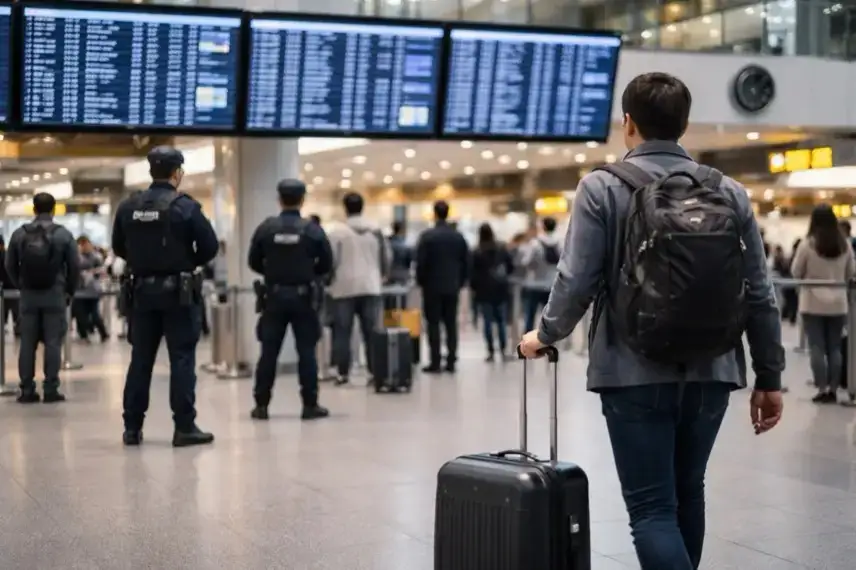 Internationaler Flughafen mit Passagieren und Sicherheitskontrolle, Anzeigetafeln im Hintergrund, Symbol für weltweite Sicherheitswarnung und Iran-Konflikt