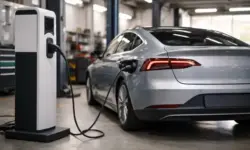 Elektroauto an Ladesäule vor Werkstatt bei technischer Prüfung nach Rückruf wegen möglicher Batterieprobleme