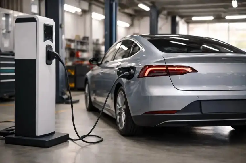 Elektroauto an Ladesäule vor Werkstatt bei technischer Prüfung nach Rückruf wegen möglicher Batterieprobleme