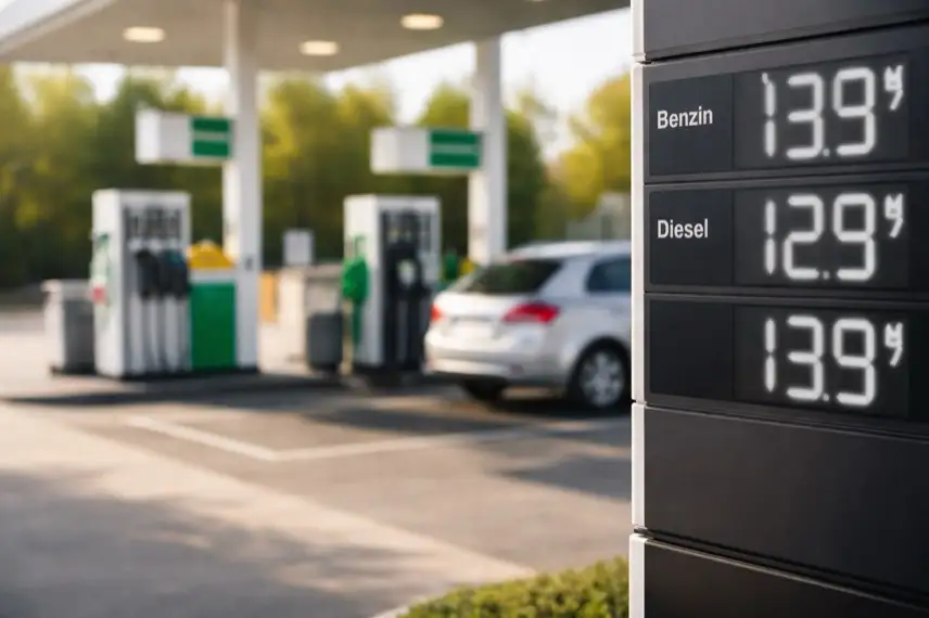 Tankstelle mit Zapfsäulen und digitaler Preisanzeige für Benzin und Diesel, Symbol für neue Regeln zu Spritpreisen und Tankstellen in Deutschland