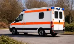 Krankenwagen auf Straße ohne Gebäude, Symbol für medizinische Versorgung und Krankenhaus Neuenbürg im Enzkreis