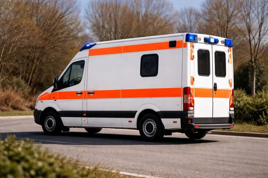 Krankenwagen auf Straße ohne Gebäude, Symbol für medizinische Versorgung und Krankenhaus Neuenbürg im Enzkreis