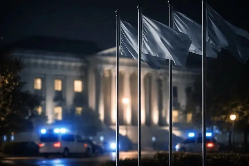Flaggenmasten vor Regierungsgebäude bei Nacht mit Blaulicht als Symbol für NATO-Spannungen und transatlantische Unsicherheit