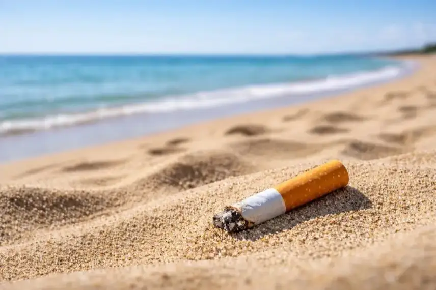 Zigarettenstummel im Sand an einem sauberen Strand an der Adriaküste, ruhiges Meer im Hintergrund