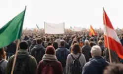Menschenmenge auf zentralem Platz bei Demonstration in Leipzig gegen Kürzungen im Sozial- und Kulturbereich