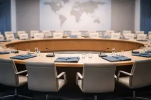 Leerer Sitzungssaal mit rundem Tisch und Weltkarte als Symbol für Vereinte Nationen und Völkerrecht im Iran-Krieg