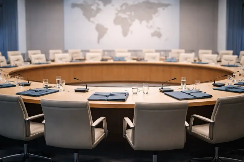 Leerer Sitzungssaal mit rundem Tisch und Weltkarte als Symbol für Vereinte Nationen und Völkerrecht im Iran-Krieg