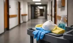 Leerer Büroflur in Stuttgart mit Atemschutzmaske und Handschuhen nach Hantavirus-Fall und Nagetierbefall