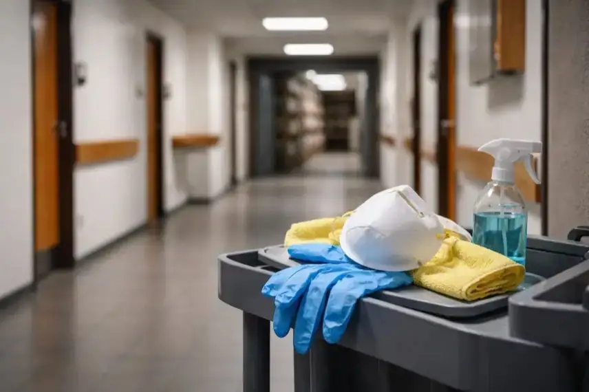 Leerer Büroflur in Stuttgart mit Atemschutzmaske und Handschuhen nach Hantavirus-Fall und Nagetierbefall