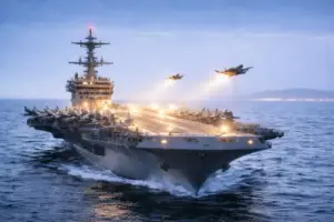 Flugzeugträger bei Nacht mit startenden Kampfjets im Iran-Konflikt und angekündigten US-Militärschlägen