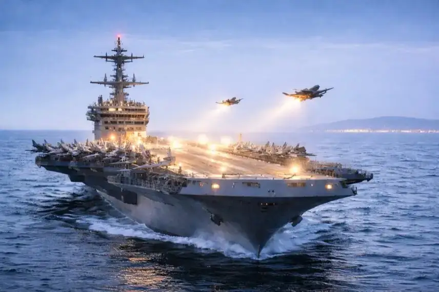 Flugzeugträger bei Nacht mit startenden Kampfjets im Iran-Konflikt und angekündigten US-Militärschlägen