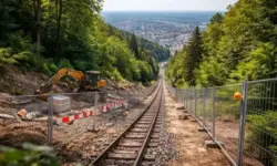 Baustelle an der Hangtrasse der Turmbergbahn in Karlsruhe-Durlach mit Bauzäunen und freigelegter Strecke