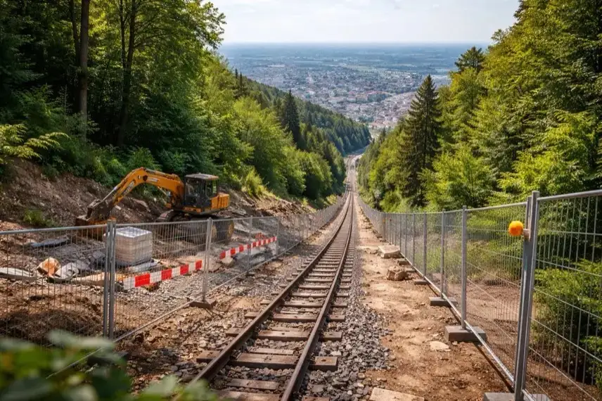 Baustelle an der Hangtrasse der Turmbergbahn in Karlsruhe-Durlach mit Bauzäunen und freigelegter Strecke