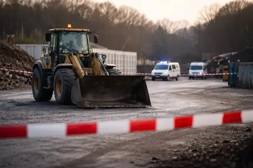 Radlader auf abgesperrtem Wertstoffhof in Fröndenberg nach tödlichem Arbeitsunfall im Kreis Unna