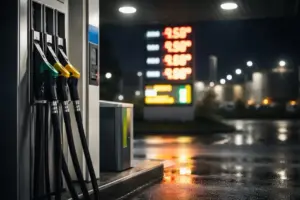 Tankstelle bei Nacht mit hohen Kraftstoffpreisen als Symbol für steigende Energiepreise und Inflation in Deutschland