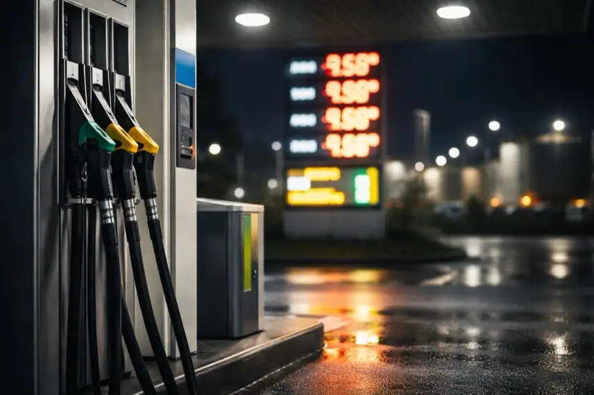 Tankstelle bei Nacht mit hohen Kraftstoffpreisen als Symbol für steigende Energiepreise und Inflation in Deutschland