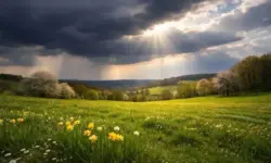 Frühlingslandschaft in Deutschland mit Sonne und dunklen Wolken als Symbol für wechselhaftes Osterwetter 2026