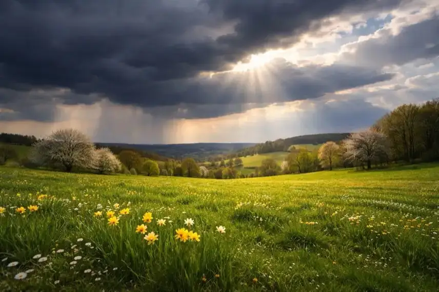 Frühlingslandschaft in Deutschland mit Sonne und dunklen Wolken als Symbol für wechselhaftes Osterwetter 2026