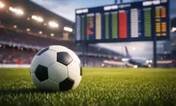 Fußball liegt auf Stadionrasen vor unscharfem Flughafen-Hintergrund – Symbol für Iran-Krieg und Auswirkungen auf Fußball-Weltmeisterschaft 2026