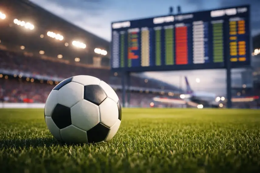 Fußball liegt auf Stadionrasen vor unscharfem Flughafen-Hintergrund – Symbol für Iran-Krieg und Auswirkungen auf Fußball-Weltmeisterschaft 2026