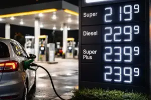 Tankstelle mit Zapfsäulen und digitalen Preisanzeigen für Benzin und Diesel, Symbol für steigende Spritpreise in Deutschland