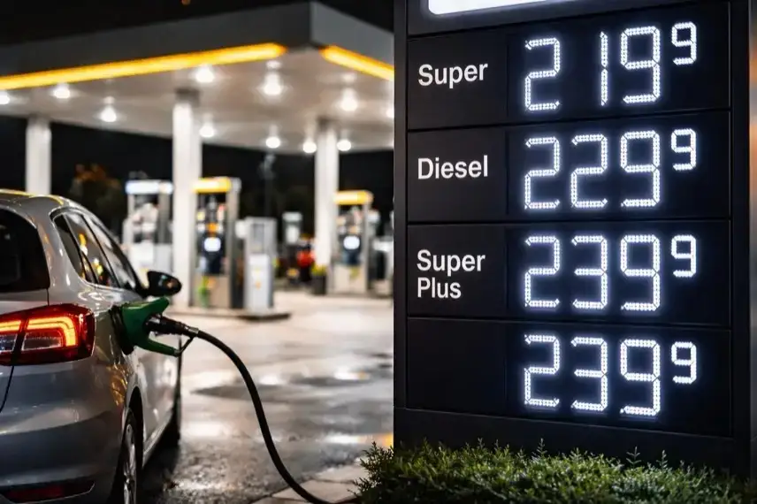 Tankstelle mit Zapfsäulen und digitalen Preisanzeigen für Benzin und Diesel, Symbol für steigende Spritpreise in Deutschland