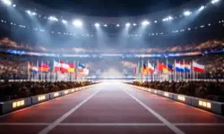 Leerer Einmarschbereich in einem Stadion bei einer internationalen Sporteröffnung als Symbol für den Boykott der Paralympics-Athletenparade