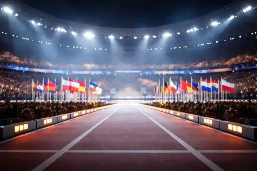 Leerer Einmarschbereich in einem Stadion bei einer internationalen Sporteröffnung als Symbol für den Boykott der Paralympics-Athletenparade