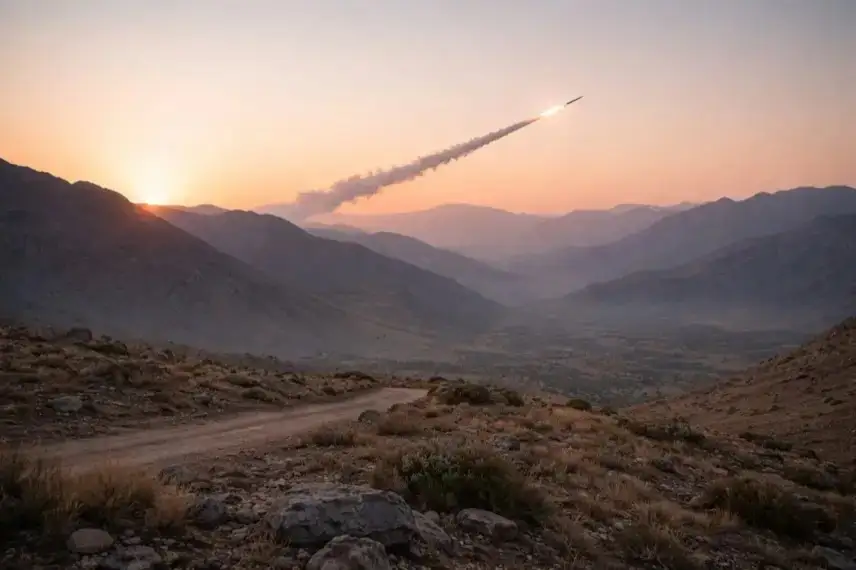 Rakete mit Rauchspur über Gebirgslandschaft im Nordirak nahe der iranisch-irakischen Grenze