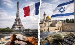 Collage mit Frankreich-Flagge und Eiffelturm links sowie Israel-Flagge und Jerusalemer Stadtansicht rechts, getrennt durch eine visuelle Trennlinie.