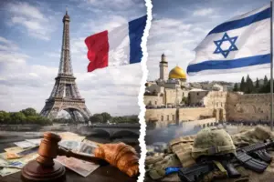Collage mit Frankreich-Flagge und Eiffelturm links sowie Israel-Flagge und Jerusalemer Stadtansicht rechts, getrennt durch eine visuelle Trennlinie.