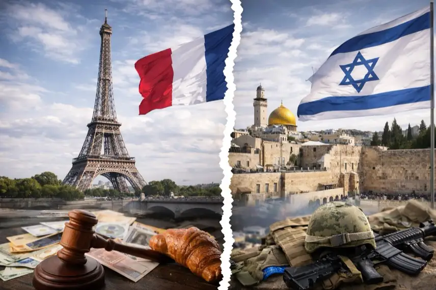 Collage mit Frankreich-Flagge und Eiffelturm links sowie Israel-Flagge und Jerusalemer Stadtansicht rechts, getrennt durch eine visuelle Trennlinie.