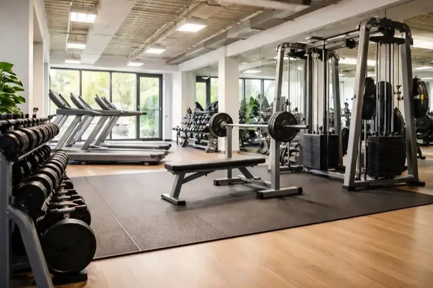 Leerer Trainingsraum eines Fitnessstudios mit Laufband und Kraftgeräten bei Nacht, Symbol für Einbruch in Fitnessstudio in Schwerin