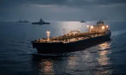 Öltanker fährt durch den Persischen Golf, im Hintergrund militärische Schiffe auf See während geopolitischer Spannungen zwischen Iran und USA