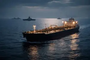 Öltanker fährt durch den Persischen Golf, im Hintergrund militärische Schiffe auf See während geopolitischer Spannungen zwischen Iran und USA