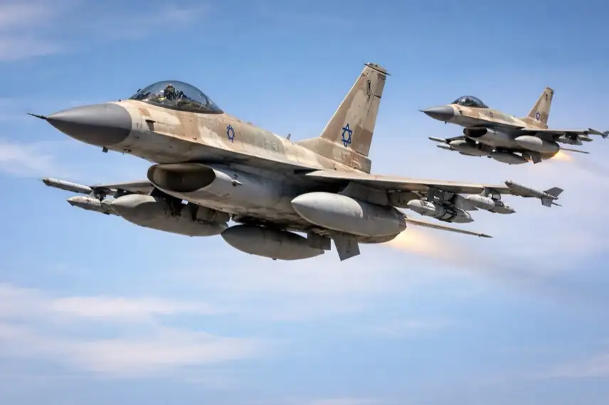 Zwei israelische Kampfjets fliegen in Formation vor blauem Himmel während einer militärischen Luftoperation.