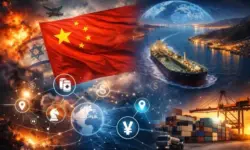 Öltanker auf einer Meerenge im Nahen Osten bei Nacht, symbolisch für Energiehandel und geopolitische Bedeutung im Iran-Krieg