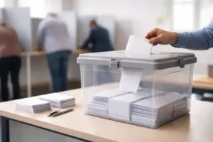 Wahlurne und Wahlkabinen in einem Wahllokal während der Landtagswahl Baden-Württemberg, Stimmzettel und Wahlvorgang im Hintergrund