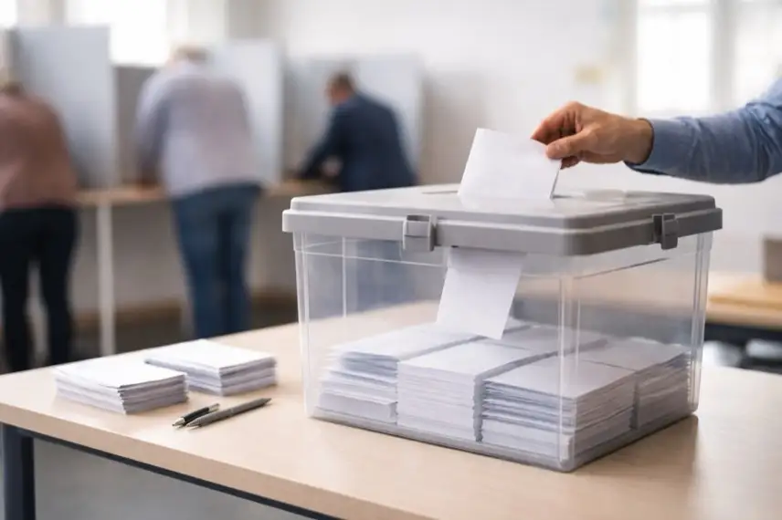 Wahlurne und Wahlkabinen in einem Wahllokal während der Landtagswahl Baden-Württemberg, Stimmzettel und Wahlvorgang im Hintergrund