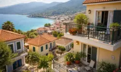 Küstenstadt in Griechenland mit Wohnhäusern und Meer im Hintergrund nach einem Erdbeben in Nordwestgriechenland nahe Korfu