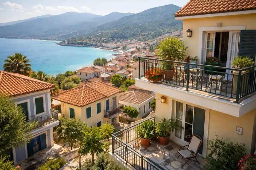 Küstenstadt in Griechenland mit Wohnhäusern und Meer im Hintergrund nach einem Erdbeben in Nordwestgriechenland nahe Korfu