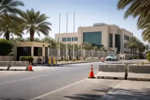 Regierungsgebäude im Nahen Osten mit Sicherheitsbarrieren vor Botschaft während Iran-Krieg und Evakuierung von Diplomaten aus Saudi-Arabien