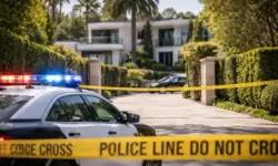 Polizeiauto mit Blaulicht vor großem Wohnhaus in Los Angeles, abgesperrte Einfahrt nach Schüssen auf ein Anwesen