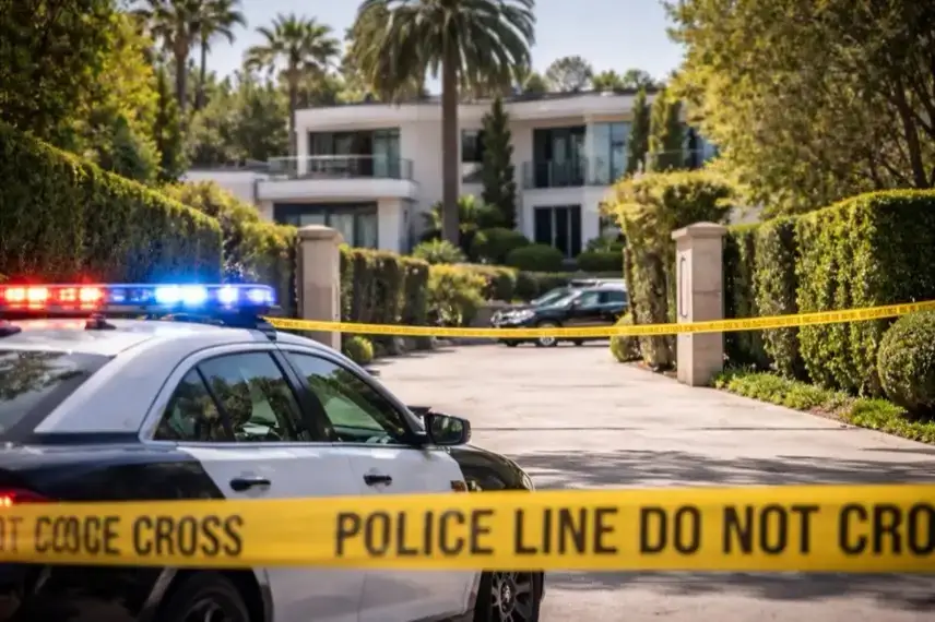 Polizeiauto mit Blaulicht vor großem Wohnhaus in Los Angeles, abgesperrte Einfahrt nach Schüssen auf ein Anwesen