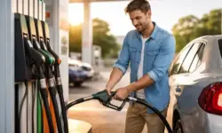 Person tankt Auto an moderner Tankstelle, Zapfsäule mit Benzin und Diesel, Alltagsszene zum Thema Spritpreise und Kraftstoffkosten