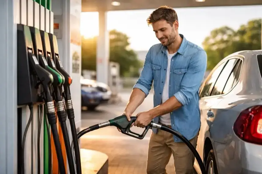Person tankt Auto an moderner Tankstelle, Zapfsäule mit Benzin und Diesel, Alltagsszene zum Thema Spritpreise und Kraftstoffkosten