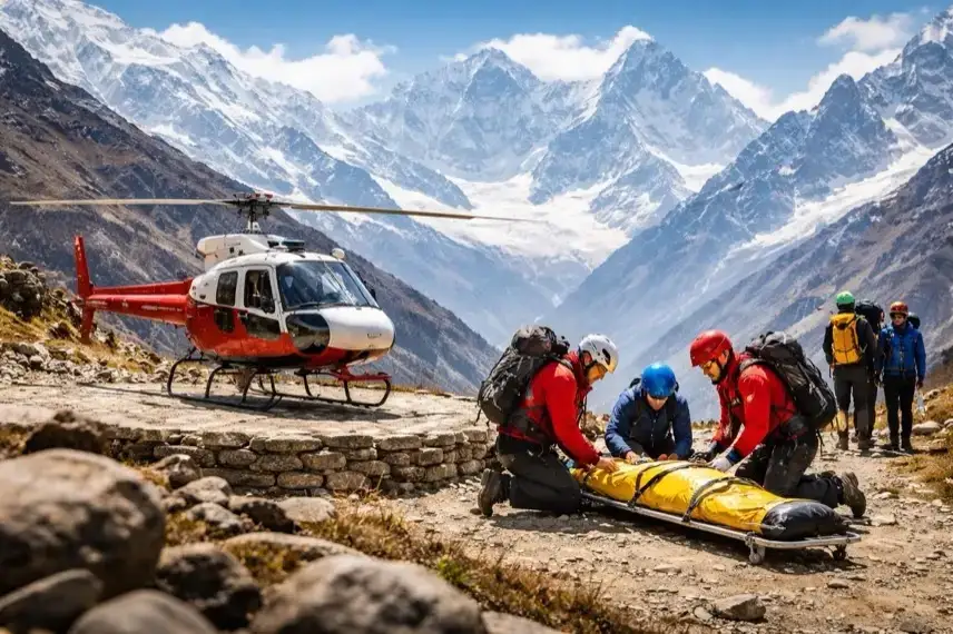 Helikopterrettung im Himalaya mit Bergsteigern und Trage vor schneebedeckten Bergen im Everest-Tourismus