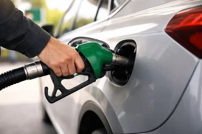 Tankstelle mit digitalen Preisanzeigen für Benzin und Diesel, mehrere Autos an Zapfsäulen, Spritpreise im Tagesverlauf sichtbar